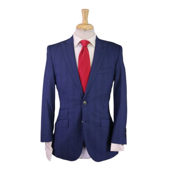 English Laundry Navy Blue Plaid Windowpane Peak Lapel 2-Btn Wool Suit 36S - Picture 1 of 10